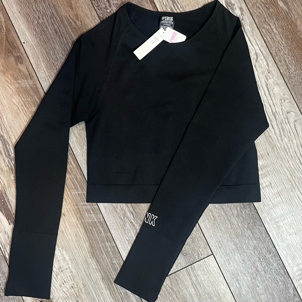 Victoria's Secret PINK Seamless Long Sleeve Activewear Crop Top - Black NWT